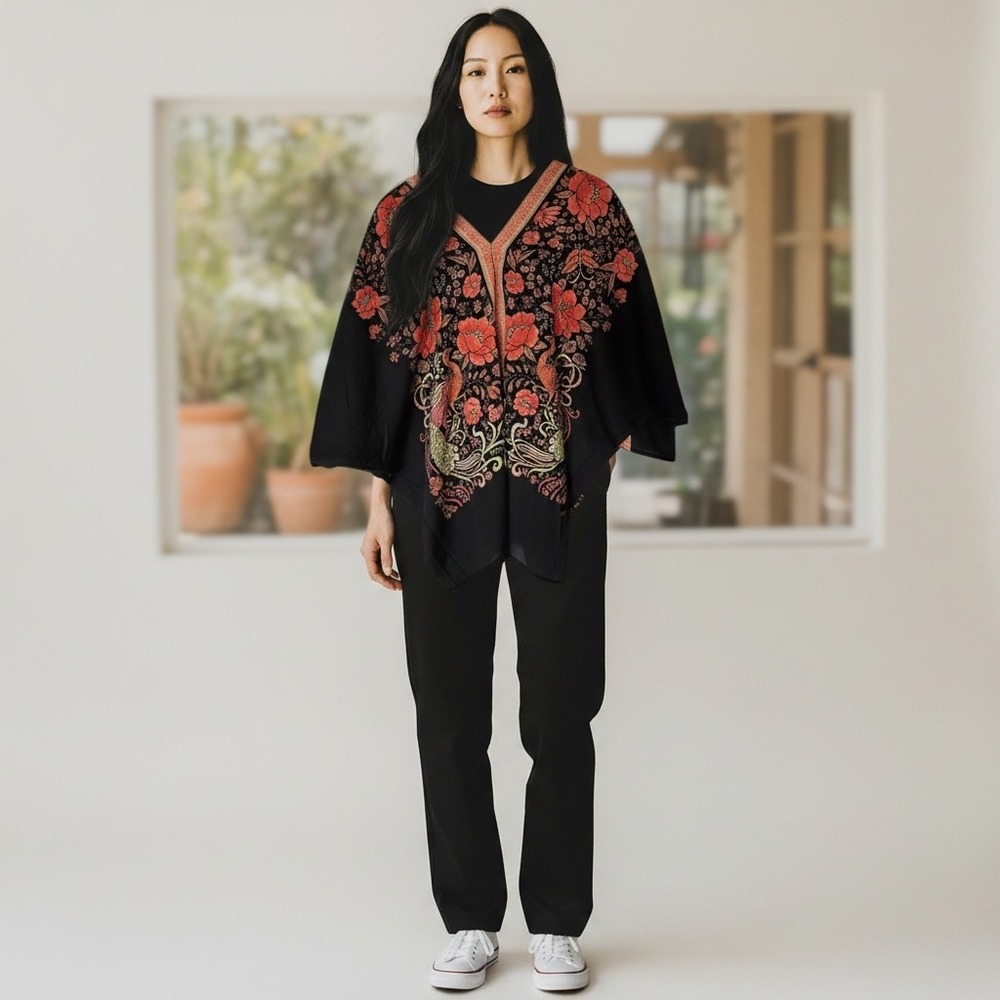 Rose Olive Black Red Floral Peacock V Neck Kimono Kaftan Top Size M‎